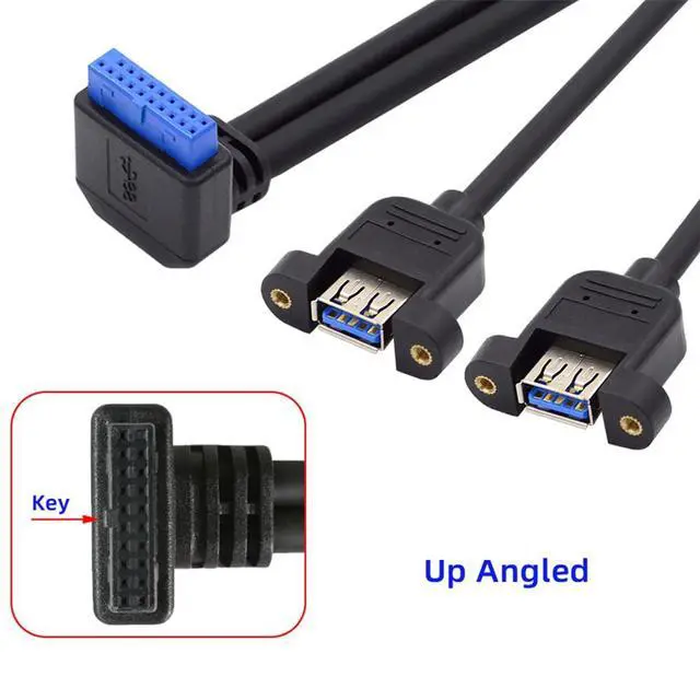 Alt view image 6 of 7 - 5Gbps 19/20Pin Motherboard Header to USB 3.0 Dual Ports Female Screw Mount Type Extension Cable 90 Degree Up Angled