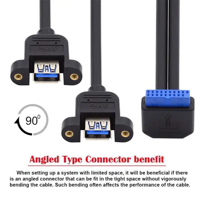 Alt view image 7 of 7 - 5Gbps 19/20Pin Motherboard Header to USB 3.0 Dual Ports Female Screw Mount Type Extension Cable 90 Degree Up Angled