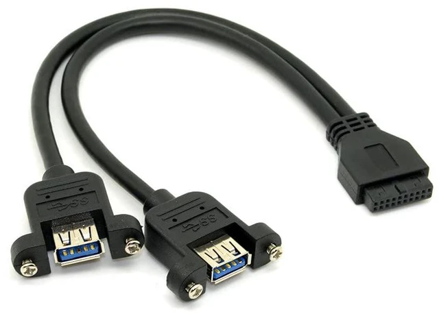 Main image of xiwai USB 3.0 Dual Ports A Female Screw Mount Type to Motherboard 20pin Header Cable Black