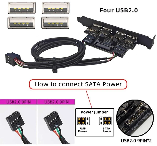 Alt view image 4 of 6 - xiwai Motherboard Internal Four USB2.0 Female Mount Panel to 9pin Baffle Cable with Extral SATA Power and 12cm Bracket