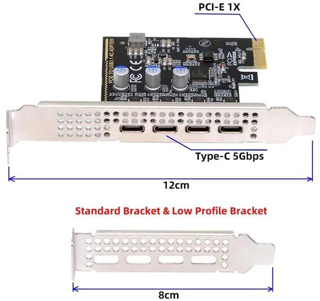 Alt view image 3 of 7 - Xiwai USB3.1 Gen1 5Gbps Type-C Four Ports USB-C Female to PCI-E Express 1x Card Adapter uPD720201 with Low Profile Bracket Compatible with PCIe x1 to x16 Slot
