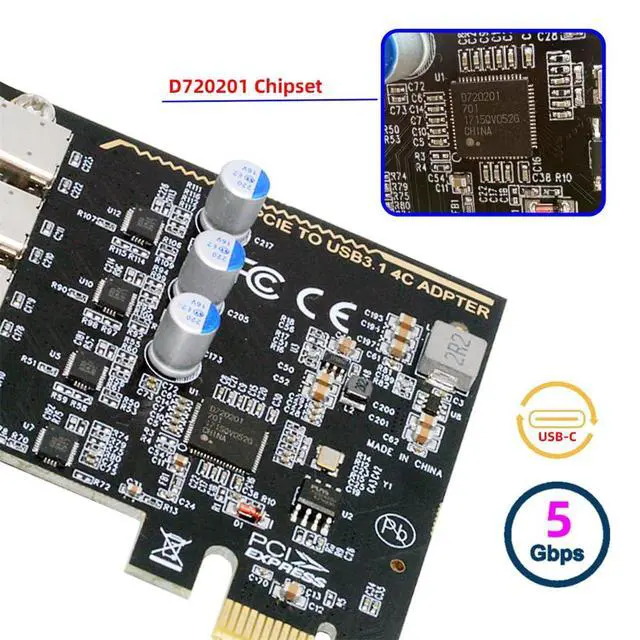 Alt view image 5 of 7 - Xiwai USB3.1 Gen1 5Gbps Type-C Four Ports USB-C Female to PCI-E Express 1x Card Adapter uPD720201 with Low Profile Bracket Compatible with PCIe x1 to x16 Slot
