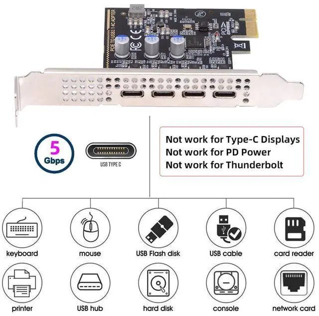 Alt view image 6 of 7 - Xiwai USB3.1 Gen1 5Gbps Type-C Four Ports USB-C Female to PCI-E Express 1x Card Adapter uPD720201 with Low Profile Bracket Compatible with PCIe x1 to x16 Slot