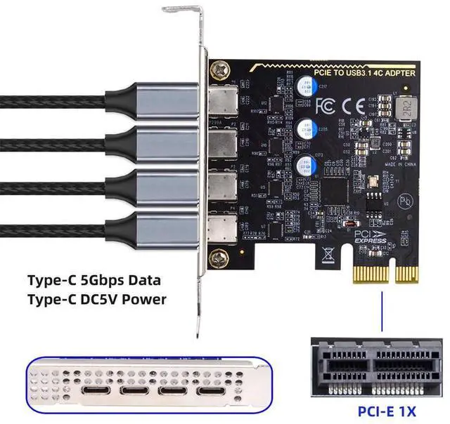Alt view image 7 of 7 - Xiwai USB3.1 Gen1 5Gbps Type-C Four Ports USB-C Female to PCI-E Express 1x Card Adapter uPD720201 with Low Profile Bracket Compatible with PCIe x1 to x16 Slot