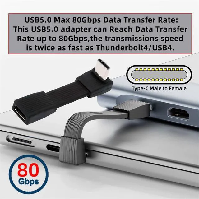 Alt view image 2 of 7 - xiwai USB5.0 80Gbps Up Angled 90 Degree Flat Slim FPC Male to Female Extension Cable Short 240W 16K 8K 60Hz 5K Compatible with 40Gbps USB4.0 Thunderbolt3/4/5