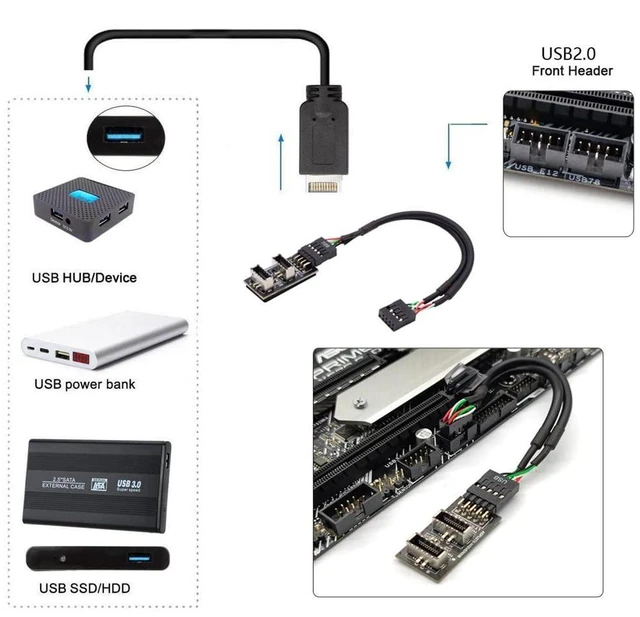 Alt view image 6 of 7 - xiwai Dual USB 3.1 Front Panel Socket Key-A Type-E to USB 2.0 9Pin 10Pin Mainboard Header Male Cable Extension Adapter