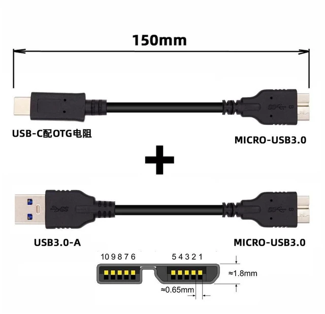 Alt view image 6 of 7 - xiwai 2pcs/Set USB 3.1 USB-C Type-C to Micro 3.0 and USB 3.0 Type-A Male to Micro 3.0 B Male Disk SSD Data Cable 15cm