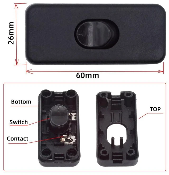 Alt view image 7 of 7 - Xiwai Interruptor 303 Inline On-Off Switch DPST, Black Button