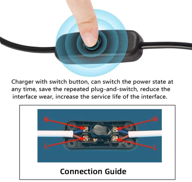 Alt view image 4 of 7 - xiwai Universal Interruptor 318 Black Button Switch Cord Inline On-Off Switch DPST Control Rocker for Bedroom Table Lamp Desk Light Strip Replacement