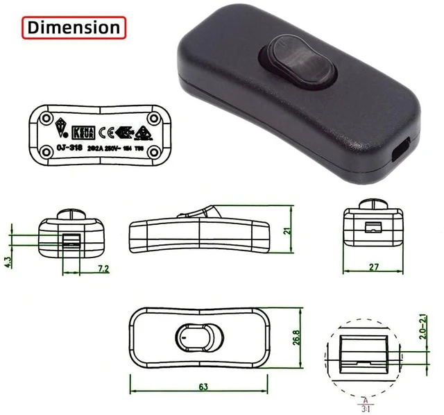 Alt view image 6 of 7 - xiwai Universal Interruptor 318 Black Button Switch Cord Inline On-Off Switch DPST Control Rocker for Bedroom Table Lamp Desk Light Strip Replacement