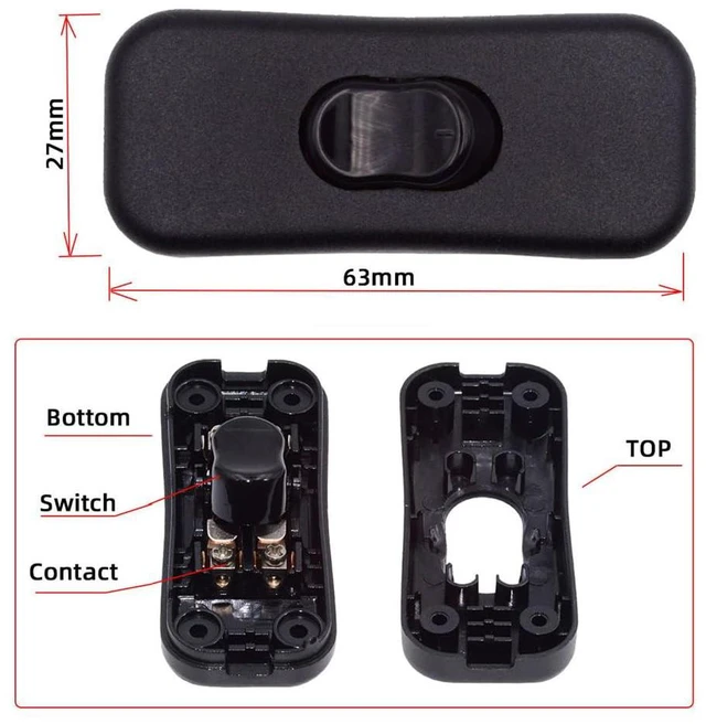 Alt view image 7 of 7 - xiwai Universal Interruptor 318 Black Button Switch Cord Inline On-Off Switch DPST Control Rocker for Bedroom Table Lamp Desk Light Strip Replacement