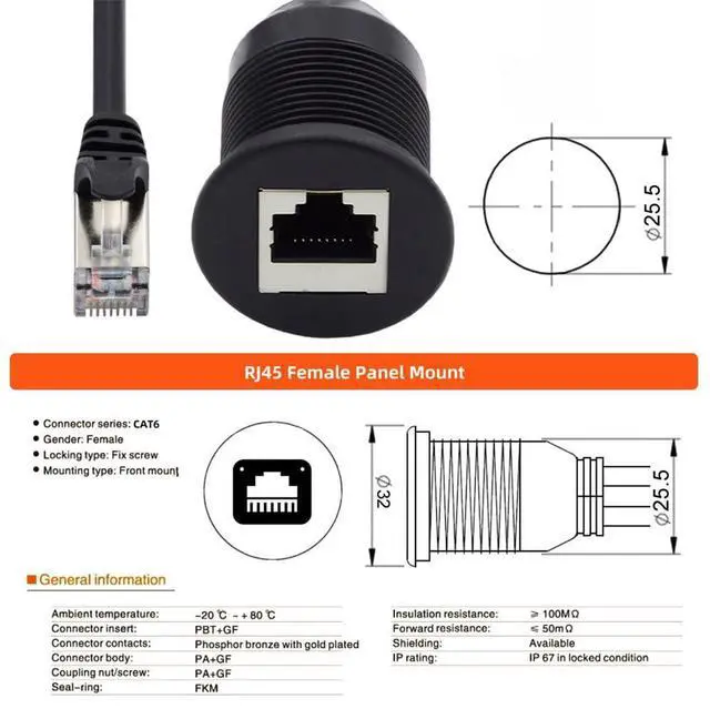 Alt view image 4 of 7 - xiwai Dustproof Waterproof Screw Locking CAT6 RJ45 Male to Female LAN Ethernet Network Extension Cable Car Panel Mount Design 1m
