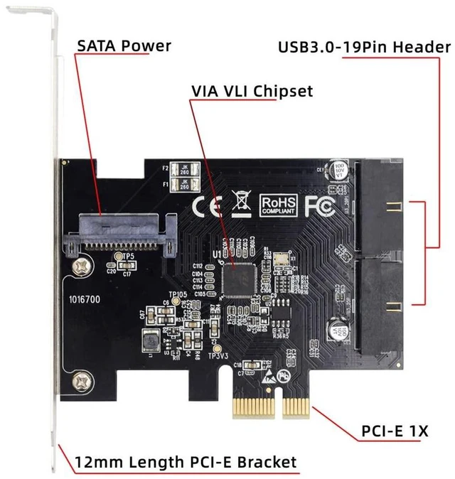 Alt view image 2 of 7 - xiwai PCI-E 1X to 19Pin 20Pin USB 3.0 Header Express Card, USB Front Panel Adapter VL805 for Desktop Computer Motherboard