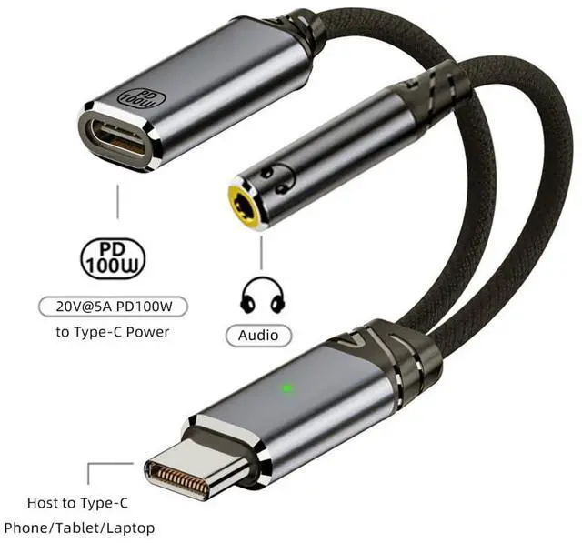 Alt view image 2 of 7 - USB-C to DAC AUX Music 16bit 48kHz 3.5mm Female Audio & 100W PD Power Cable for Laptop Tablet Phone