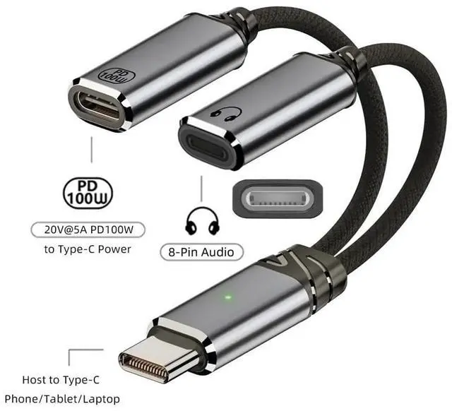 Alt view image 2 of 7 - USB-C to 100W PD Power +8P Female Audio DAC AUX Music 16bit 48kHz Cable for Laptop Tablet Phone