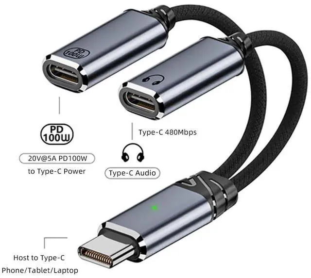 Alt view image 3 of 7 - USB-C to Dual-C Female Audio DAC AUX Music 16bit 48kHz & 100W PD Power Cable for Laptop Tablet Phone
