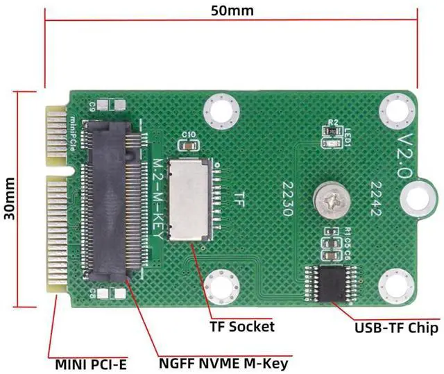 Alt view image 3 of 7 - xiwai Mini PCI-E Riser Card Slot to TF Card USB2.0 & M.2 NGFF NVME Key-M SSD Adapter Compatible with NAS Industrial Control Motherboard
