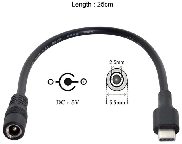 Alt view image 5 of 7 - JSER USB 3.1 Type C USB-C to DC 5.5x2.5mm Power Jack Extension Charge Cable DC 5V 10cm