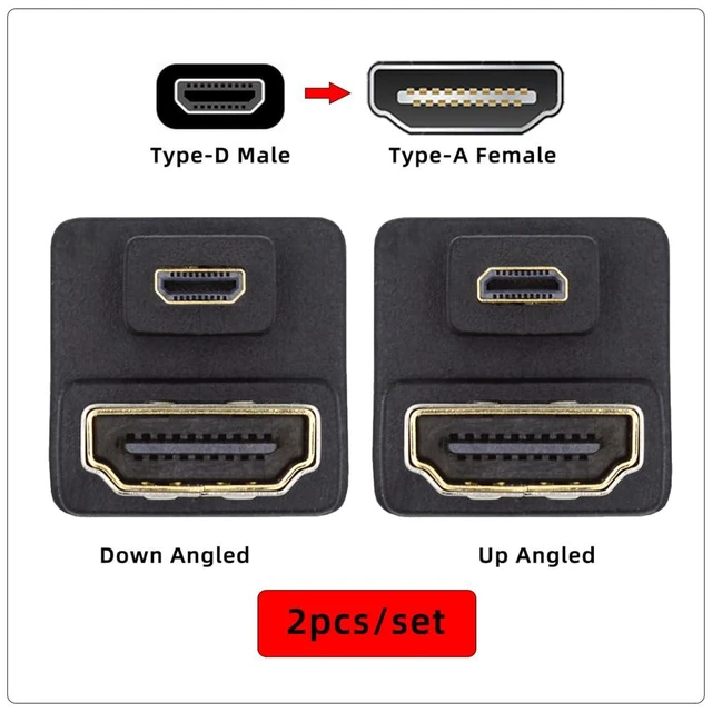 Alt view image 7 of 7 - Xiwai 2pcs/lot Micro HDMI 1.4 Male Type-D to HDMI Female Up & Down Port Saver 360 Degree Opposite U Shape Back Angled Extension Adapter Coupler Connector