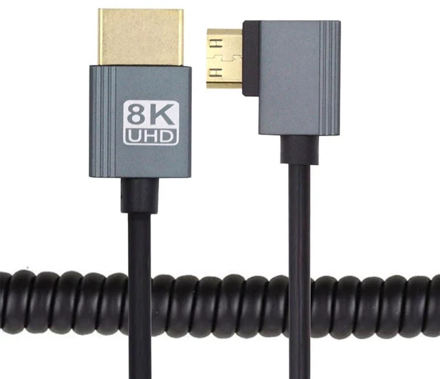 Main image of xiwai Right Angled Mini HDMI 2.1 Male to HDMI Male 90 Degree 8K 60hz Stretch Coiled Cable 100cm for HDTV Computer Laptop Monitor