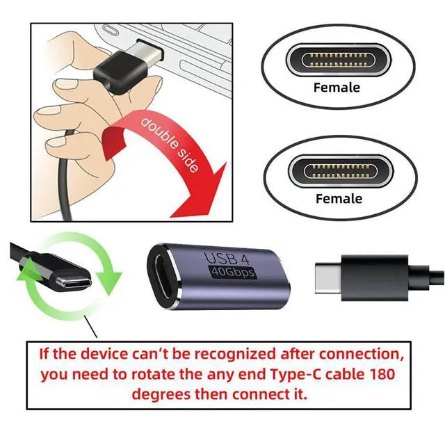 Alt view image 2 of 7 - 40Gbps Female to Female USB4 Type C 100W Power Data 8K Video Adapter Extender for Laptop Phone