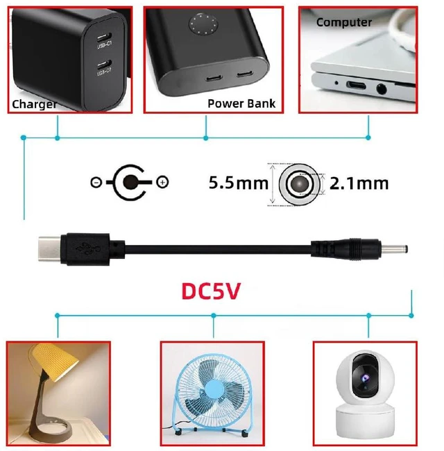 Alt view image 7 of 7 - xiwai 3.28ft USB Type C USB-C to DC 5V DC 5.5 * 2.1mm Power Cord | with 5.1K Resistor Power Charge Cable 100cm for DC5V Desk Lamp Fan Camera