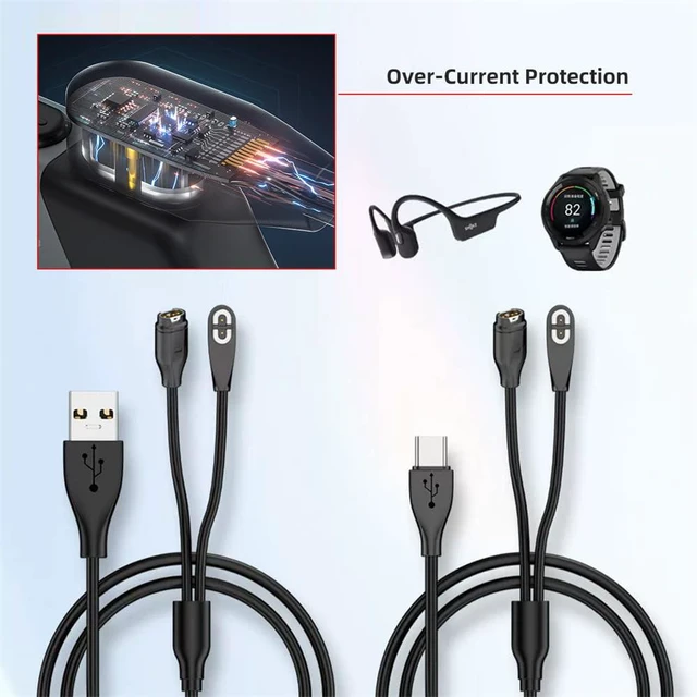 Alt view image 3 of 7 - xiwai 2-Pack USB Type-C & Type-A to Smart Watch Earphone 2Pin 4Pin Magnetic Charging Cable Combo Compatible with Garmin Shokz