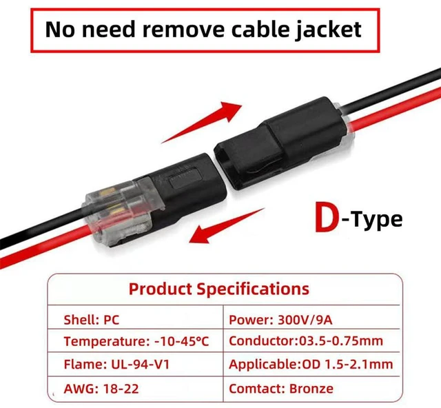 Alt view image 4 of 7 - Xiwai 10pcs/lot Double Wire Plug Connector D2 Solderless Pluggable with Locking Buckle Quick Connect Terminal Compatible with Led Light Strip 2Pin 18-22AWG Connectors