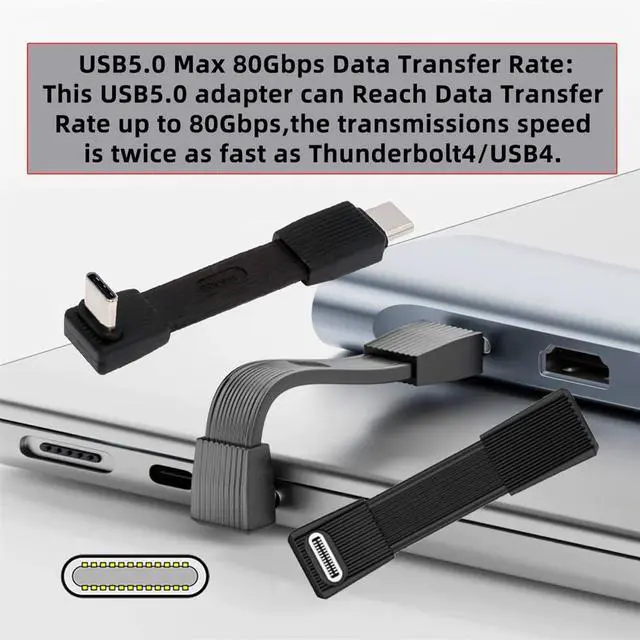Alt view image 4 of 7 - xiwai 2pcs/Set Up Angled 90 Degree USB5.0 80Gbps Male to Male & Female Extension Cable Flat Slim FPC 240W 16K 8K 60Hz 5K Compatible with 40Gbps USB4.0 Thunderbolt Black