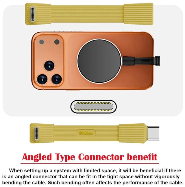 Alt view image 7 of 7 - xiwai 2pcs/Set Up Angled 90 Degree USB5.0 80Gbps Male to Male & Female Extension Cable Flat Slim FPC 240W 16K 8K 60Hz 5K Compatible with 40Gbps USB4.0 Thunderbolt Yellow