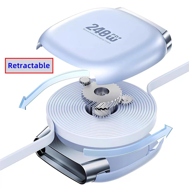 Alt view image 6 of 7 - xiwai Retractable Stretch Coiled Flat Slim USB-C Cable 100cm 480Mbps 240W Fast Charging Type-C Male to Male Power & Data Cord Purple for Laptop Phone Tablet