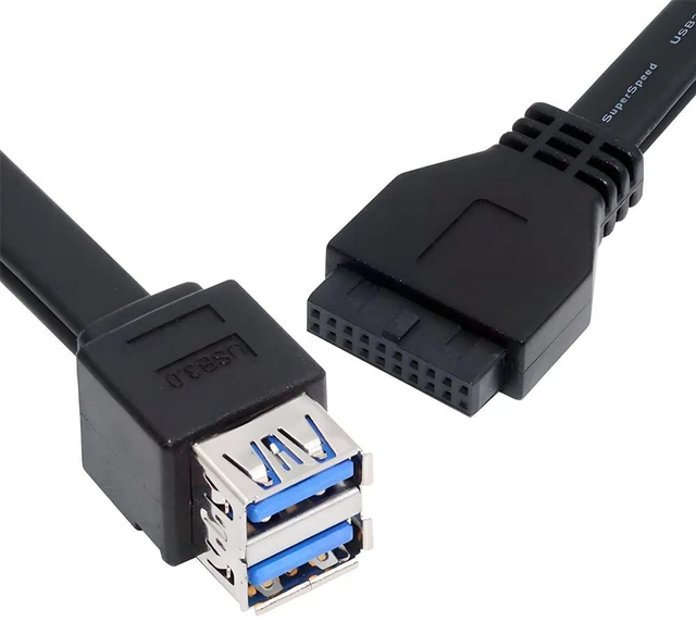 Main image of xiwai Stackable USB 3.0 Female Type-A Dual Port DIP Type to 20Pin 19Pin Motherboard Header Cable with Fixed Feet 50cm Black