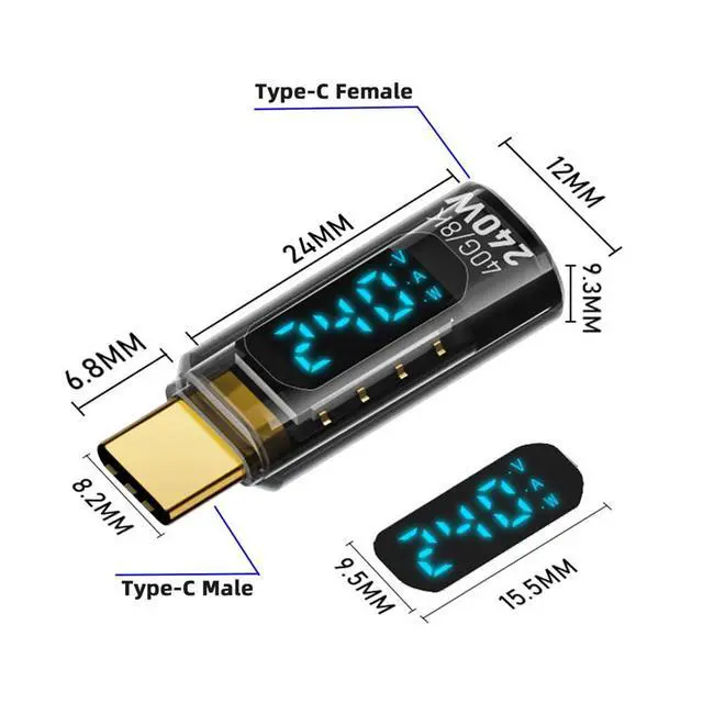 Alt view image 2 of 7 - 40Gbps USB4 240W Type-C Smart LED Display Male to Female Extension Adapter USB4.0 Current Voltage Monitoring Tester Detector
