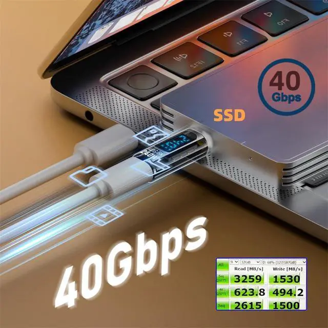 Alt view image 6 of 7 - 40Gbps USB4 240W Type-C Smart LED Display Male to Female Extension Adapter USB4.0 Current Voltage Monitoring Tester Detector