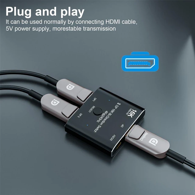 Alt view image 4 of 7 - Xiwai DP Bi-Direction 2x1 Splitter DisplayPort 2.0 Switcher Box Selector Hub Support HDCP SST Extended 16K@60hz 4K@240hz Convertor Compatible with PC Monitor