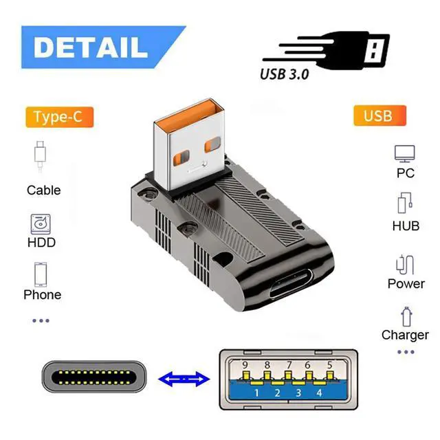 Alt view image 6 of 7 - 10Gbps Data USB-C USB 3.1 Type C Female to USB 3.0 Type-A Male Up Angled Low Profile Type 90 Degree 120W Power Adapter Mecha Cyberpunk Style