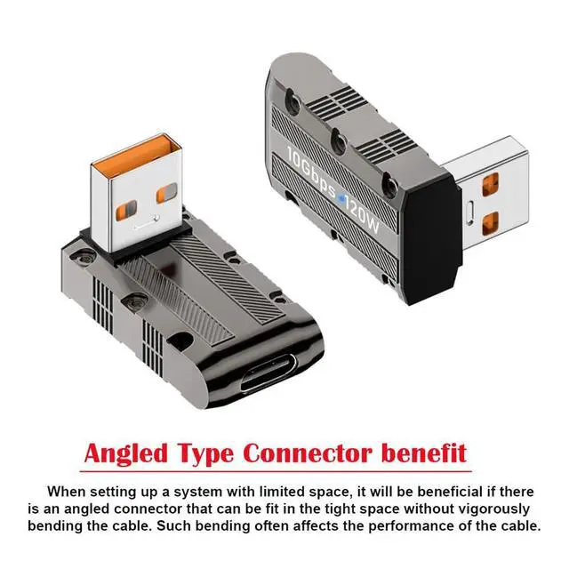Alt view image 5 of 7 - 10Gbps Data USB-C USB 3.1 Type C Female to USB 3.0 Type-A Male Up Angled Low Profile Type 90 Degree 120W Power Adapter Mecha Cyberpunk Style