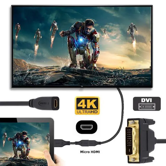 Alt view image 6 of 7 - UHD 4K DVI 24+1 to Micro HDMI 1.4 Male to Female Type D Extension Cable for HDTV Graphics Card Computer