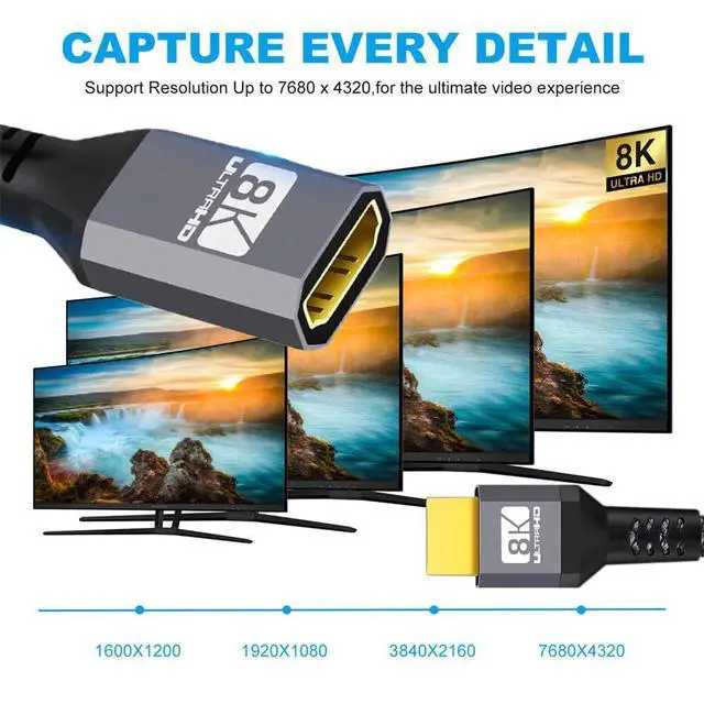 Alt view image 5 of 7 - HDMI 2.1 Male to Female Extension Cable 8K 60hz/4K 120hz 48Gbs with Audio 3D HDMI-Ultra-HD Compatibility 30cm