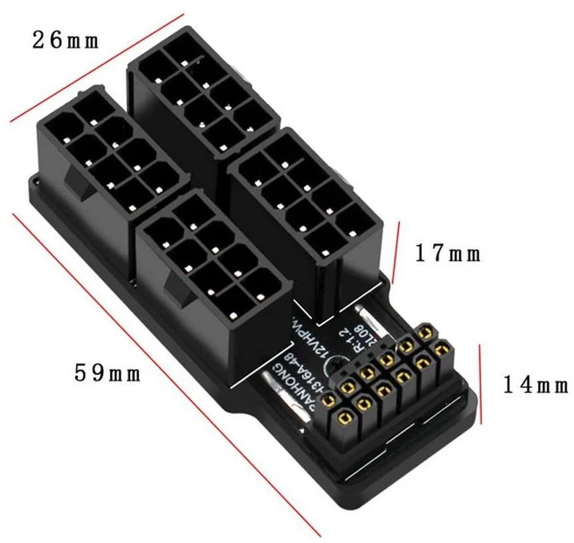 Alt view image 3 of 7 - xiwai PCIe 5.0 Power Modular Adapter to Four ATX 8P 16Pin(12+4) 12VHPWR Connector Down Angled 90 Degree for 4080 5090TI Graphics Card