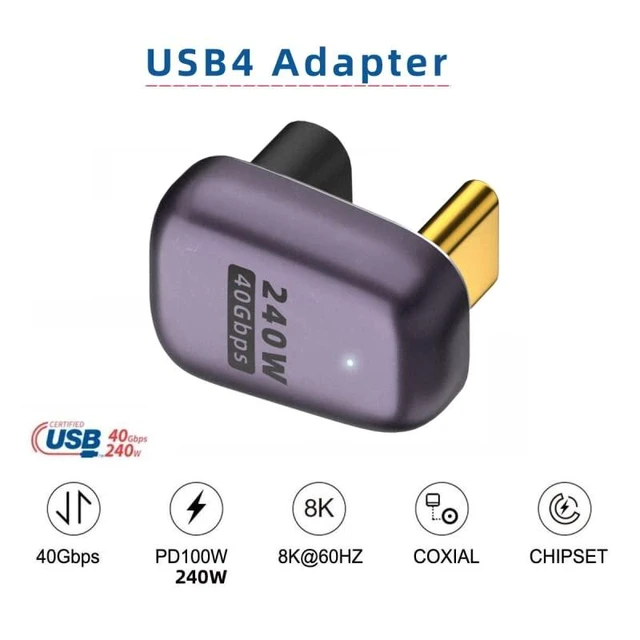 Alt view image 7 of 7 - xiwai USB4 240W 40Gbps 8K 60Hz Adapter, Type C Male to Female 240W Power 40Gbps Data 8K Video Adapter for NS Phone Laptop (Male to Female Opposite U Shape Back Angled)