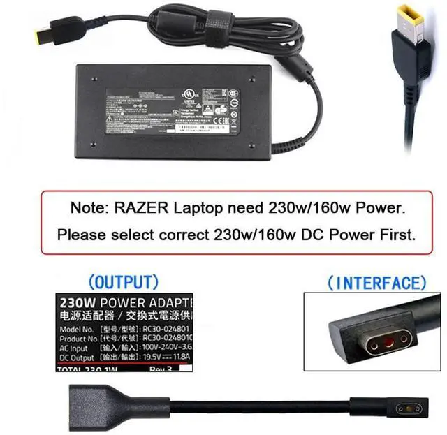 Alt view image 7 of 7 - xiwai Rectangle Jack 11.0 * 4.5mm Input to 3Pin Power Plug Cable Compatible for Laptop Blade Pro 17 and Blade 15 Model Support 230W/160W Charge Adapter