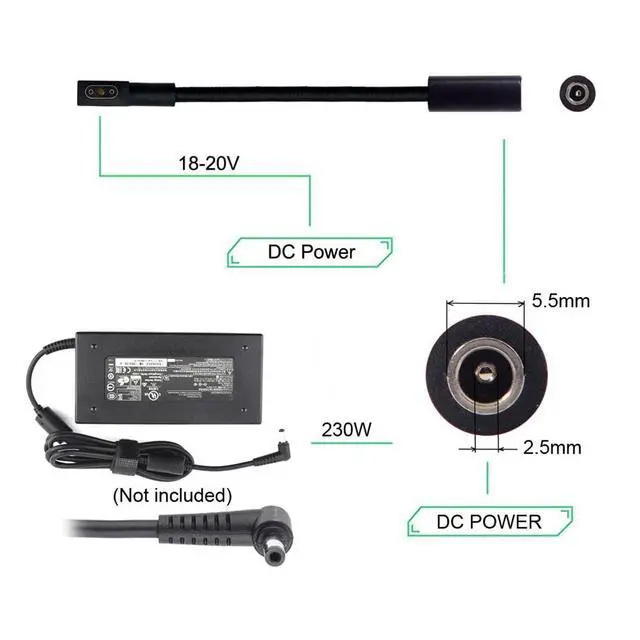 Alt view image 3 of 7 - xiwai DC Jack 5.5x2.5mm Input to 3Pin Power Plug Cable Compatible for Laptop Blade Pro 17 and 15 Model Support 230W/160W Charge Adapter