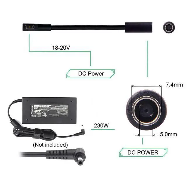 Alt view image 3 of 7 - xiwai DC Jack 7.4 * 5.0mm Input to 3Pin Power Plug Cable Compatible for Laptop Blade Pro 17 and Blade 15 Model Support 230W/160W Charge Adapter