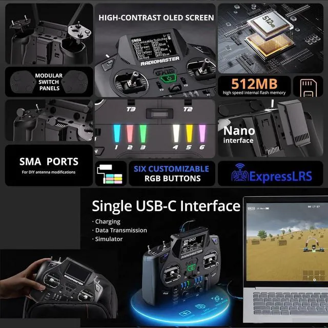 Alt view image 2 of 7 - HTLNUZD Radiomaster GX12 Dual Band Antenna ExpressLRS Radio Controller with 18650 Battery 3D Digital CNC Hall Gimbal, Multiple Configurations, Gemini XROSSBAND Technology