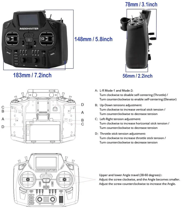 Alt view image 4 of 7 - HTLNUZD Radiomaster GX12 Dual Band Antenna ExpressLRS Radio Controller with 18650 Battery 3D Digital CNC Hall Gimbal, Multiple Configurations, Gemini XROSSBAND Technology