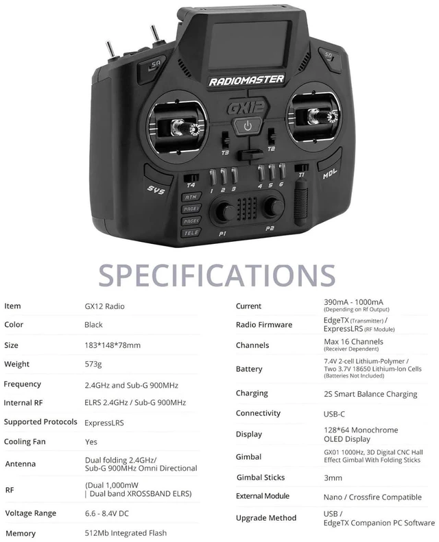 Alt view image 5 of 7 - HTLNUZD Radiomaster GX12 Dual Band Antenna ExpressLRS Radio Controller with 18650 Battery 3D Digital CNC Hall Gimbal, Multiple Configurations, Gemini XROSSBAND Technology