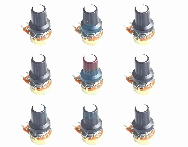 Alt view image 2 of 3 - B1K B2K B5K B10K B20K B50K B100K B500K B1M Ohm Knurled Shaft Linear Rotary Taper Potentiometer with Cap Kit (Pack of 9)