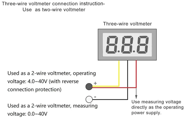 Alt view image 3 of 6 - 0.28 inches LED Ultra-Small DC Digital 0-100V Voltmeter 3-Wire Battery Voltage Tester Red Blue Yellow Green Four Colors Display 4.0-40 Volt Power Supply (Pack of 3)(Green)