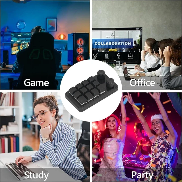 Alt view image 4 of 6 - Walfront Mini Gaming Keypad 12 Keys 2 Knobs Blue Switch Programming Macro Pad with RGB Light for Industry Multiple Customization Supported Black Color
